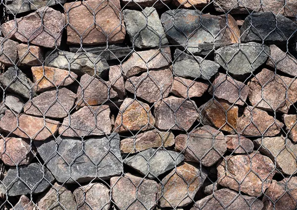 Absztrakt Háttér Kőből Dróthálóból Készült Kerítés Kövek Dróthálóban Természetes Anyagokból — Stock Fotó