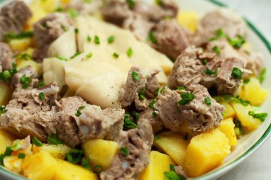 Besthe - Türkçe konuşan insanların geleneksel sıcak et yemeği. Bir tabak Asya mutfağı. Et tabağı yakın plan. Et, hamur, patates, yeşil soğan. Lezzetli ev yapımı yemekler.. 