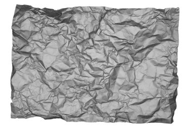 Buruşmuş kağıt dokusu. Siyah kağıt beyaza izole edilmiş. Tek Renkli.