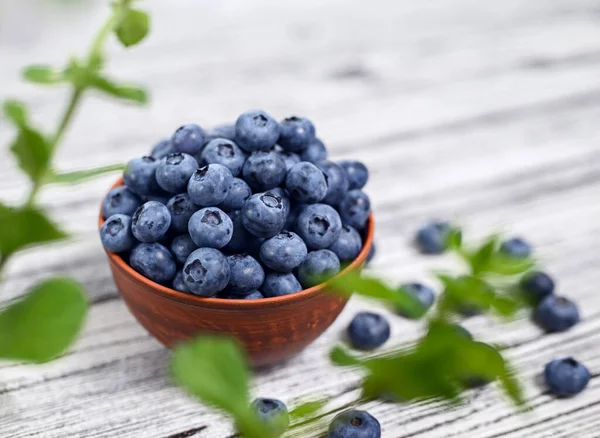 Fresh Organic Blueberries Earthenware Light Wooden Background Shallow Depth Field — Fotografia de Stock