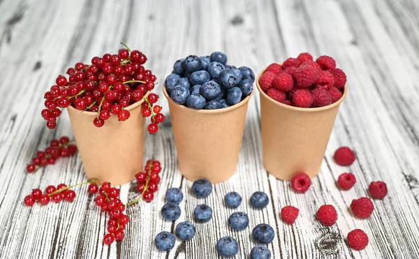 Summer Composition Juicy Summer Berries Craft Paper Cups Blueberries Red — Fotografia de Stock