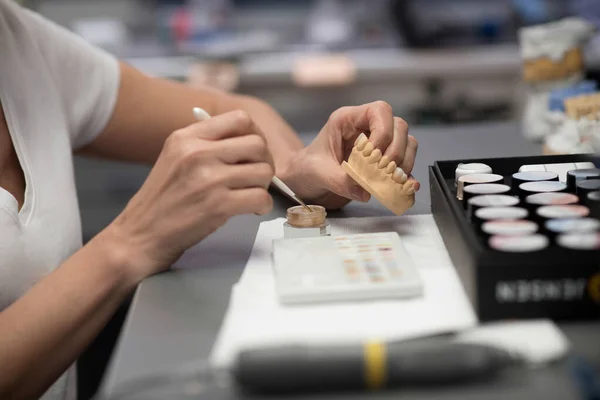 An expert working with plaster prosthesis at the dental office — Foto Stock