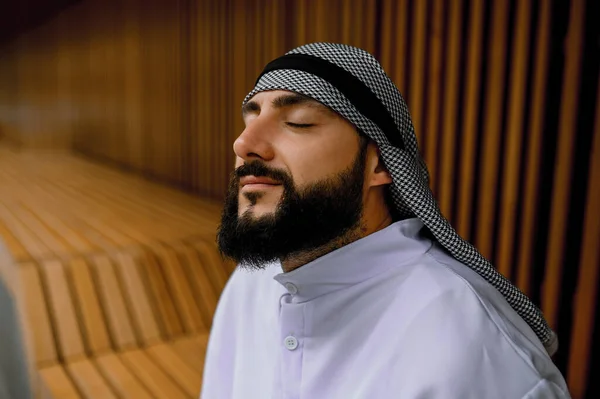 Peaceful Mood Young Arabian Guy Sitting Peaceful Eyes Closed — Stock Photo, Image