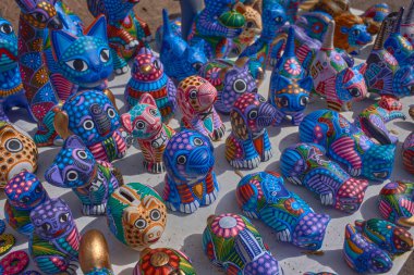 colorful traditional Mexican toys and piggy banks from Queretaro, no people