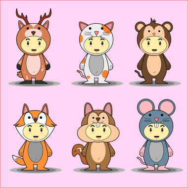 animal mascot outfits, such as deer, cat, monkey, weasel, squirrel, and mouse, on a pink background, are great for using as a corporate mascot in a logo for a website.