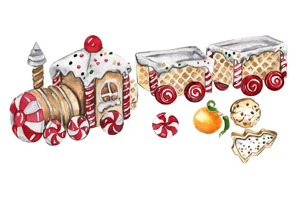 Christmas Watercolorgingerbread House Train Lollipop — Stock Vector