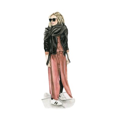 Suluboya moda illüstrasyonu, yeni yıl ağacı olan Noel kızı, yürüyen kız, topuklu bacaklar, kot pantolon giymiş bacaklar..