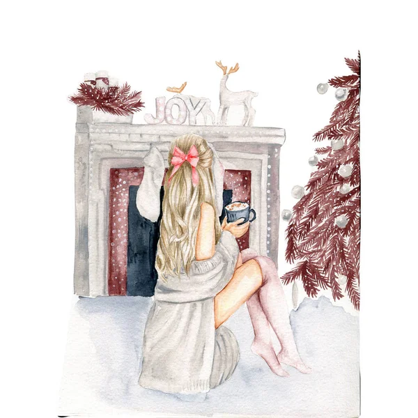 Illustrazione Stile Acquerello Ragazza Natale Con Albero Capodanno Ragazza Che — Vettoriale Stock