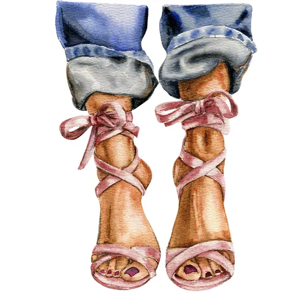 水彩のファッションスタイルのイラスト 新年の木とクリスマスの女の子 歩く女の子 かかとの足 ジーンズの足 — ストックベクタ