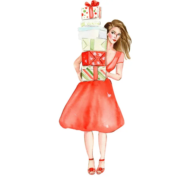 Watercolor Fashion Style Illustration Christmas Girl New Year Tree Walking — Stock Vector