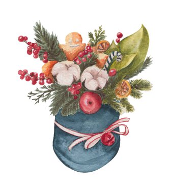 Suluboya Cristmas pamuk çelengi, ev, çiçekler, böğürtlen, lamba, kliparr, set