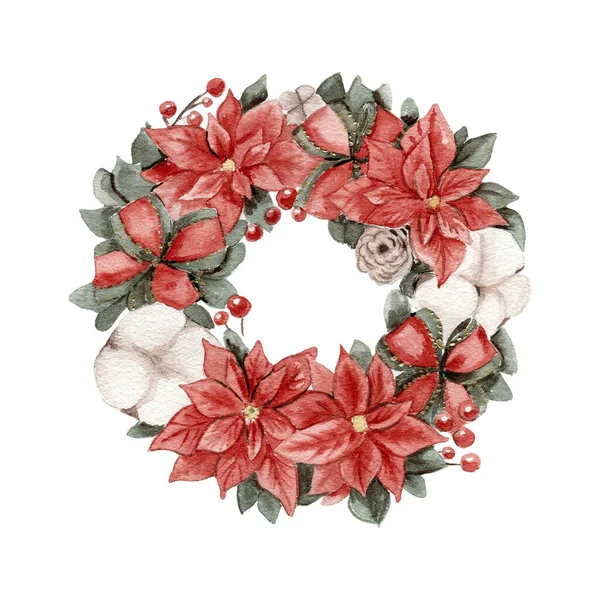 Watercolor Cristmas Cotton Wreath House Flowers Berries Lamp Cliparr Set — Stock Vector