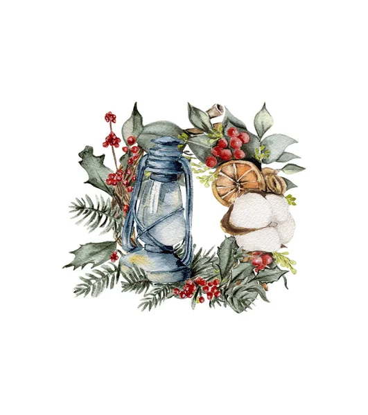 Coroa Algodão Cristmas Aquarela Casa Flores Bagas Lâmpada Cliparr Conjunto —  Vetores de Stock