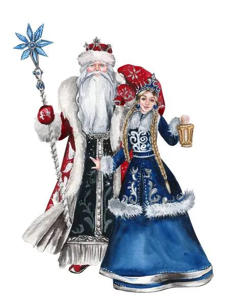 Acuarela Chistmas Santa Claus Snow Maiden Estilo Ruso Conjunto Juguetes — Vector de stock