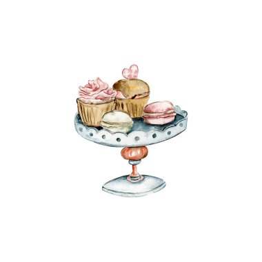 Suluboya romantik kuşlar çay zamanı sevgililer günü bardağı, çaydanlık keki, tatlı kurabiye