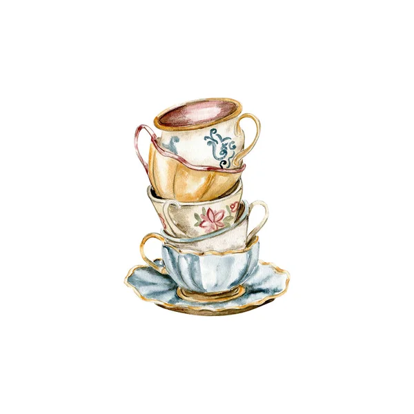 Aquarell Romantische Vögel Teezeit Valentin Vintage Tasse Wasserkocher Kuchen Süße — Stockfoto