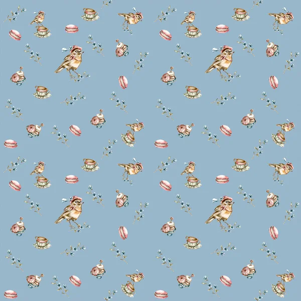 Aquarell Nahtlose Muster Digitales Papier Frühling Romantische Valentinstag Ostern Vögel — Stockfoto