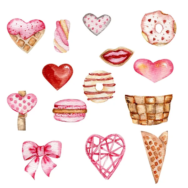 Watercolor Pink Set Valentine Sweets Leaves Tulip Hearts Baloon — Stock Vector