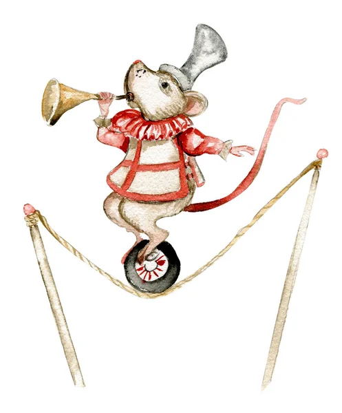 Watercolor Circus Cute Animals Clown Mice Mask Horse — Stockfoto