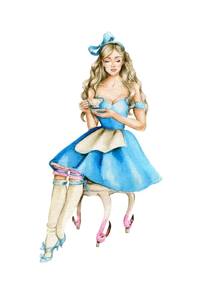 爱丽丝穿着蓝色衣服在仙境中 — 图库照片