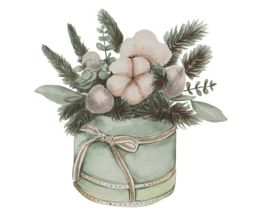 Pamuk ve çilekli suluboya Noel kompozisyonu