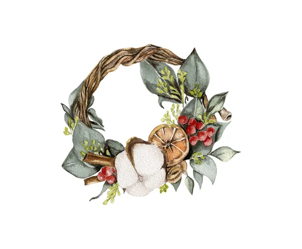 Watercolor Christmas Composition Cotton Berry —  Vetores de Stock