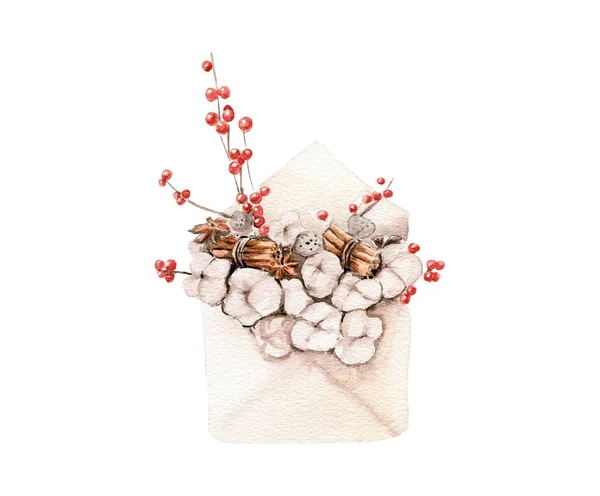 Watercolor Christmas Composition Cotton Berry — 스톡 벡터
