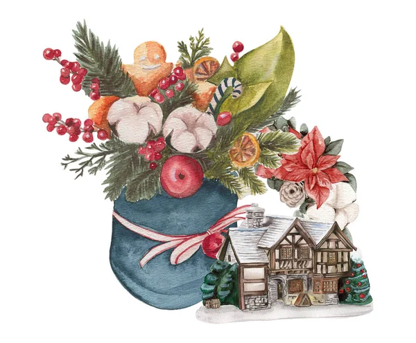 Watercolor Christmas Composition Cotton Berry — Stockvektor