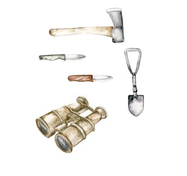 Gitar, çadır, ip, uyku tulumu seyahat için suluboya jip, kamp insanları.