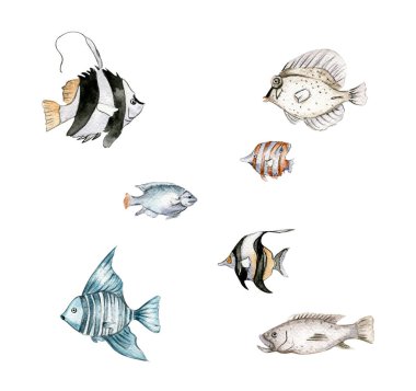 Deniz feneri, can simidi, çapa, yeşil şişe, palmiye ağaçlı mavi sahil evi, renkli deniz kabukları seti, renkli deniz sakinleri, mavi yelkenli ahşap deniz gemisi, eski moda mavi seyahat arabası.