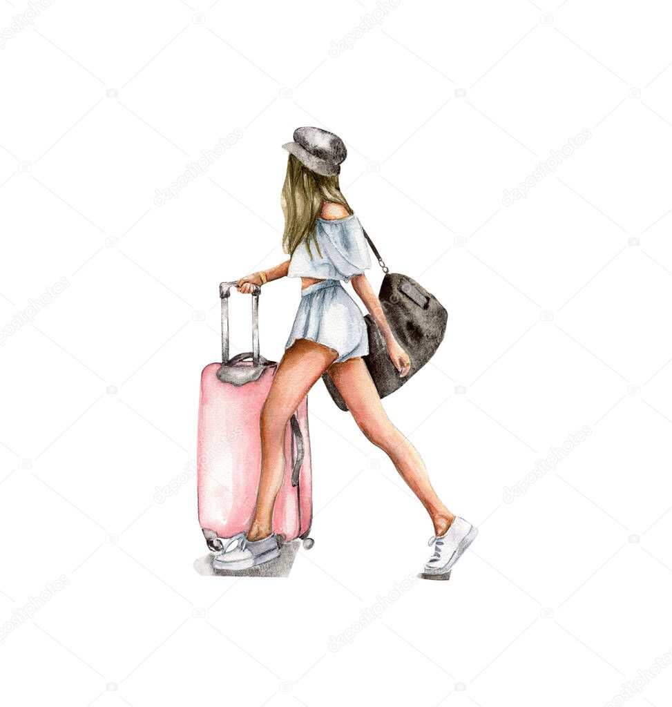 Watercolor travelling fashion young girls