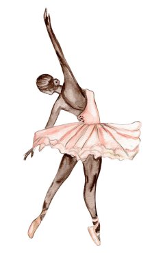 Koyu tenli suluboya dans eden balerin ve kahverengi yosun dalları, pembe-kahverengi yusufçuk.