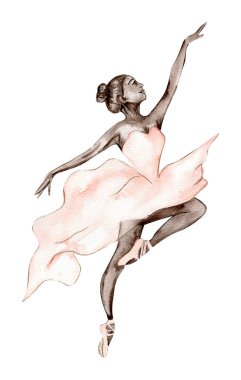 Koyu tenli suluboya dans eden balerin ve kahverengi yosun dalları, pembe-kahverengi yusufçuk.