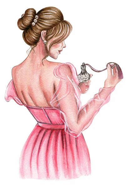 Watercolor Fashion Girl Pink Dress Perfume Bottle — Stock Photo, Image