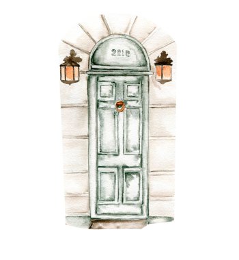 Duvarda eski yeşil ahşap bir kapı ve yanında iki lamba var.