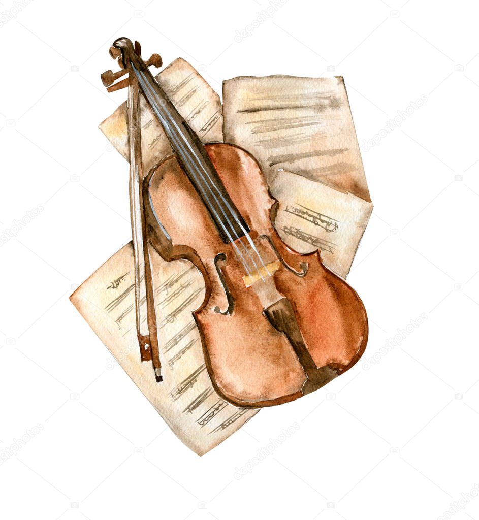 The old violin lies on the sheet music