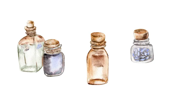 Hand Drawn Brown Green Lavender Glass Jars — Vetor de Stock