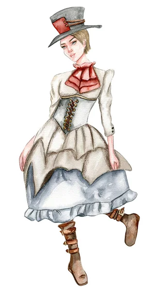 Hand Drawn Girl Vintage Costume Dress — Vetor de Stock