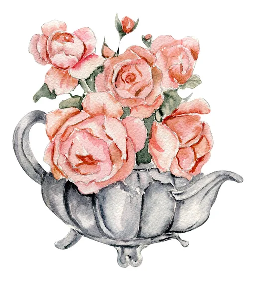 手绘茶壶 配上一束玫瑰 — 图库矢量图片