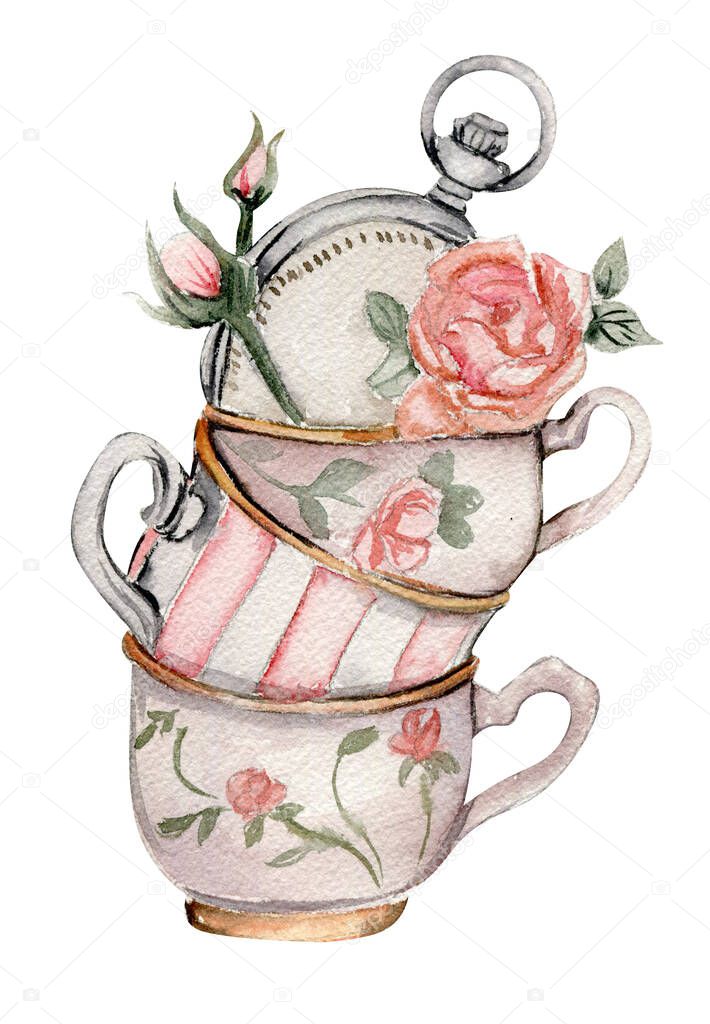 Hand drawn vintage cups with roses and pocket watch