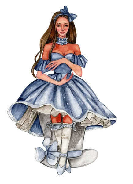 Девушка Синем Платье Сидит Шляпе — стоковое фото