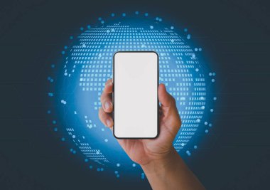 Akıllı telefon ve beyaz ekran arka planı ile fütüristik ağ arayüzü ve gezegen hologramı çift pozlama. İnternet ve iletişim kavramı.