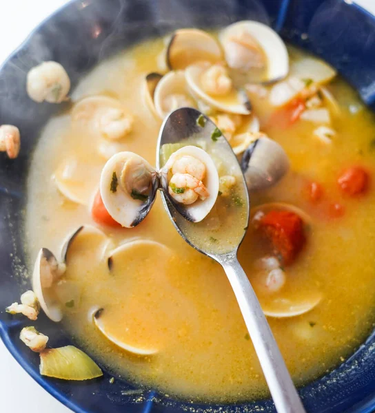 Seafood Soup Plate Clams Prawns — Stock Photo, Image