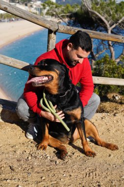 Parkta Rottweiler köpeğiyle oynayan adam