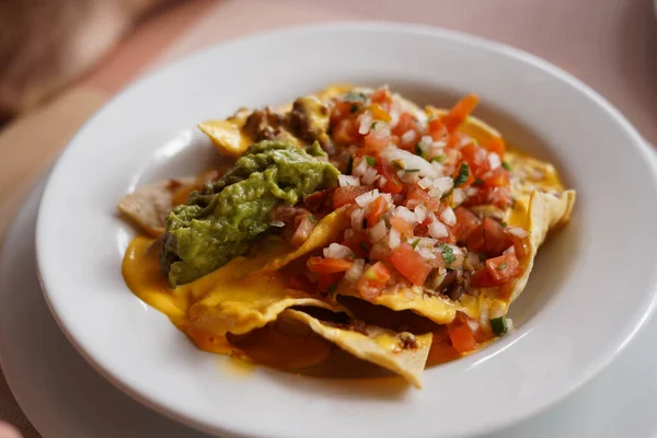 Plate Nachos Cheese Meat Guacamole — Stock Photo, Image