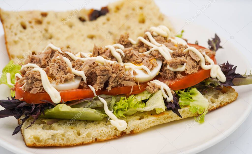 Ciabatta bread sandwich with pulled pork and vegetables
