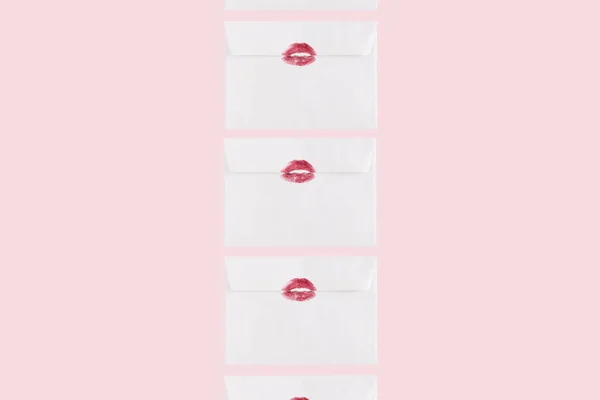 Kreatywny Wzór Białej Koperty Czerwonym Pocałunkiem Minimalna Kompozycja Miłosna Różowym — Zdjęcie stockowe