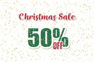 Inscription christmas 50 sale off on a white background with confetti. Price labele sale promotion market discount percent. deal shop