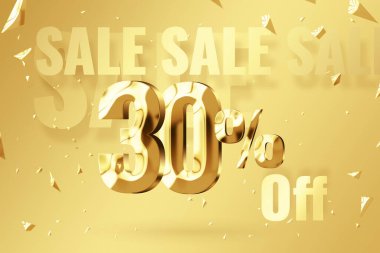 Golden inscription 30 off on a golden background. Price labele sale promotion market discount percent. tag special