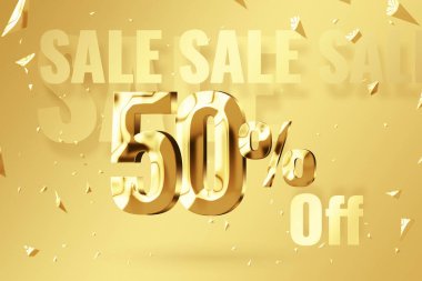 Golden inscription 50 off on a golden background. Price labele sale promotion market discount percent. shop template